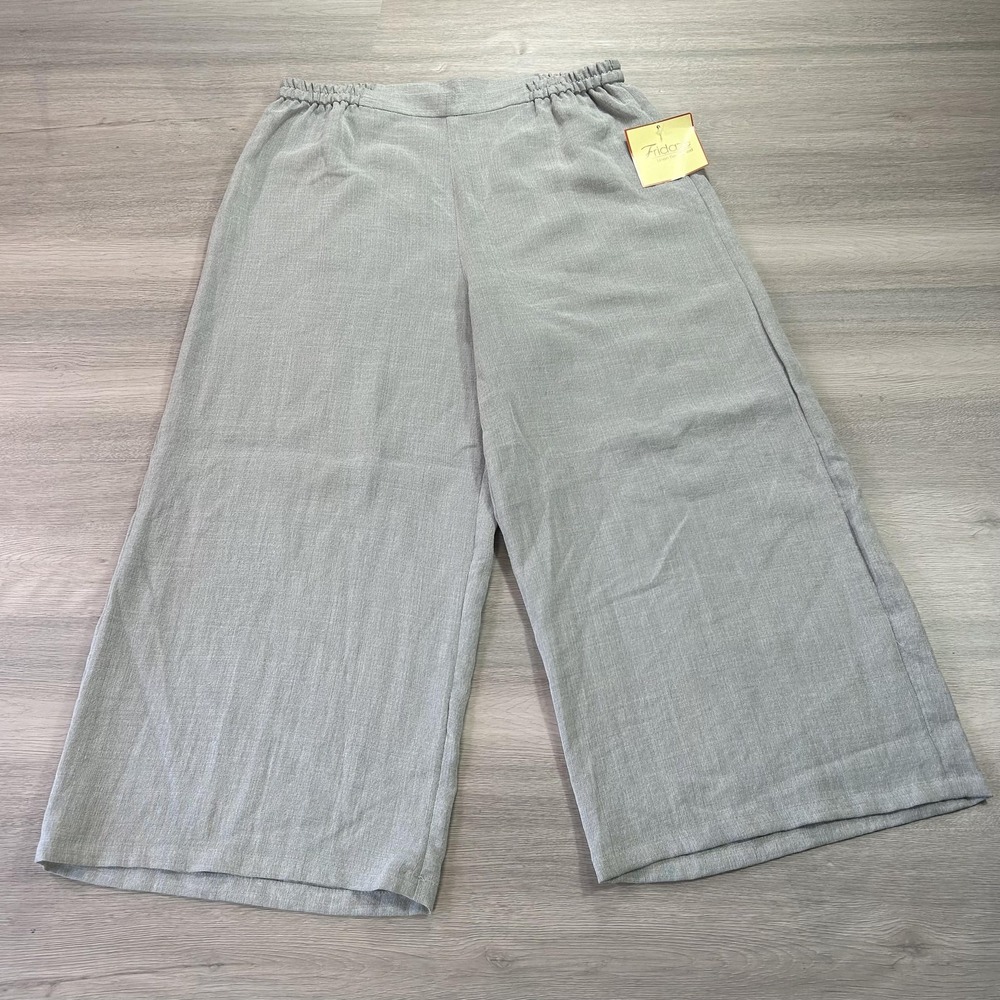 NEW Fridaze Pants Womens Large Gray Wide-Leg Linen Pull On‎ Crop Elastic Waist